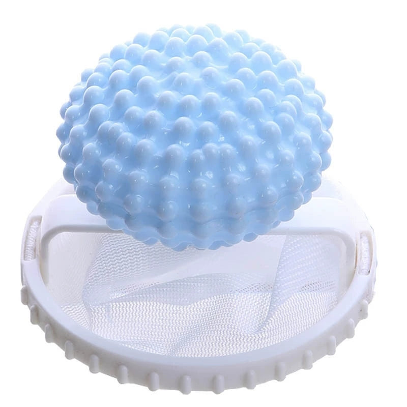 Floating laundry lint and pet hair catcher closeup of the blue textured ball above the mesh ring.