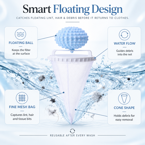 Floating laundry lint and pet hair catcher diagram showing the floating ball, ring and mesh collection pouch.