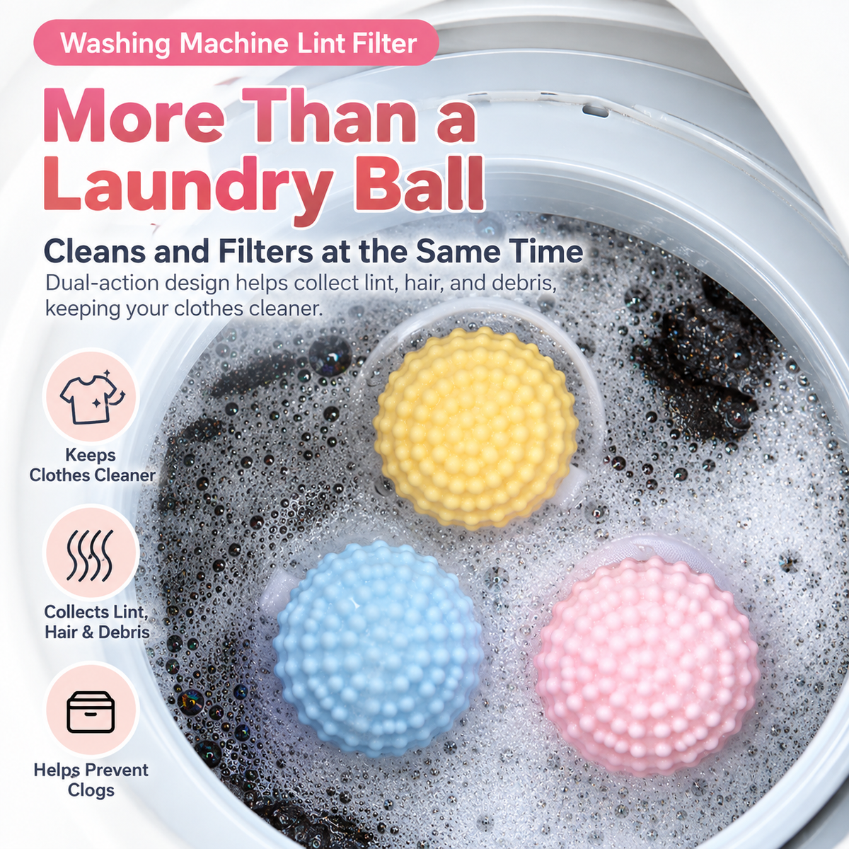 Floating laundry lint and pet hair catcher with feature callouts beside three catchers floating in soapy water.