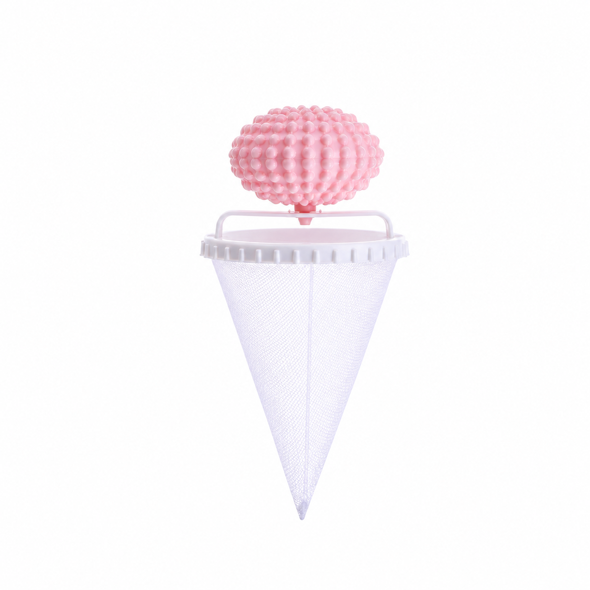 Floating laundry lint and pet hair catcher in pink with the mesh pouch extended against white.