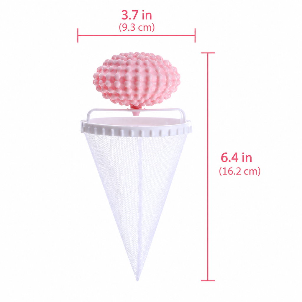 Floating laundry lint and pet hair catcher in pink with width and total height measurements.