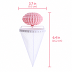 Floating laundry lint and pet hair catcher in pink with width and total height measurements.
