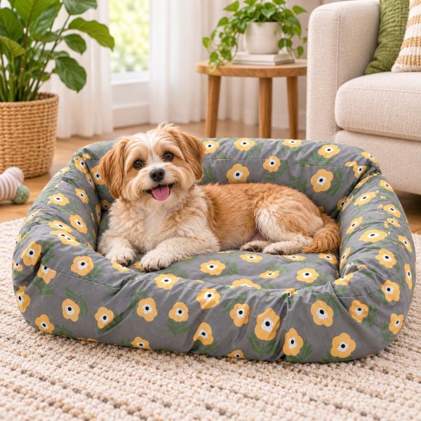 Floral replacement dog bed cover on a bolster bed with a small dog resting beside a sofa.