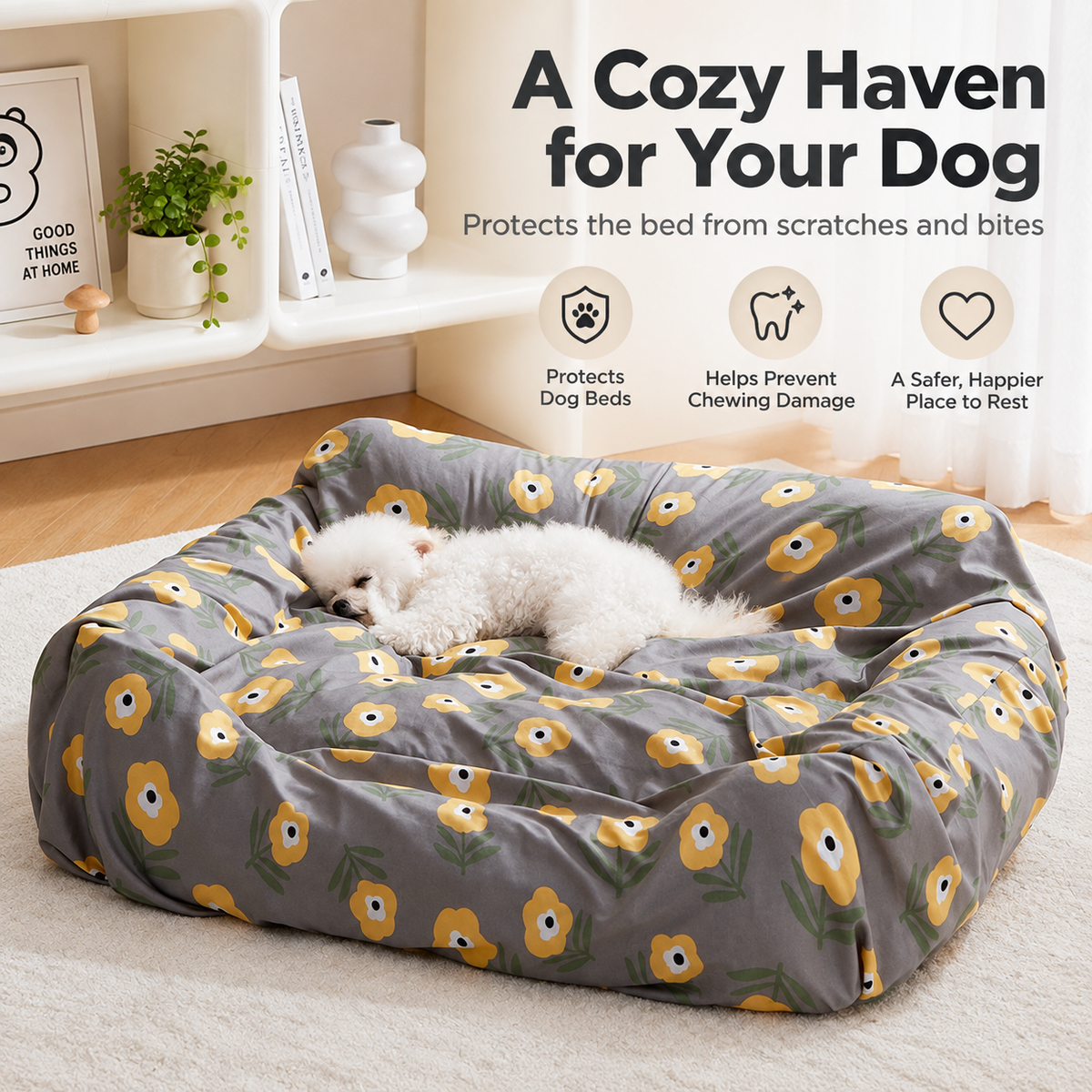 Floral replacement dog bed cover fitted over a bed with a white dog curled up inside.