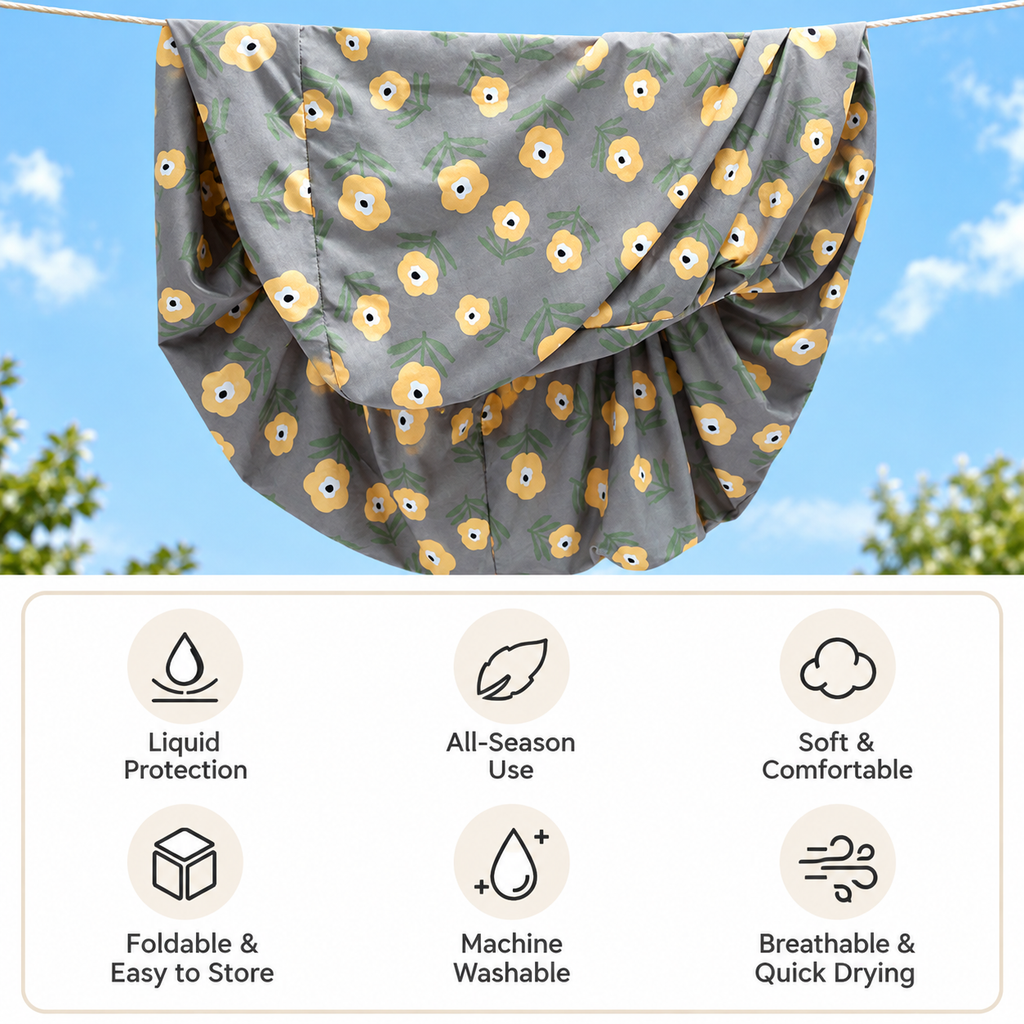 Floral replacement dog bed cover hanging outdoors to dry with washing and care icons.
