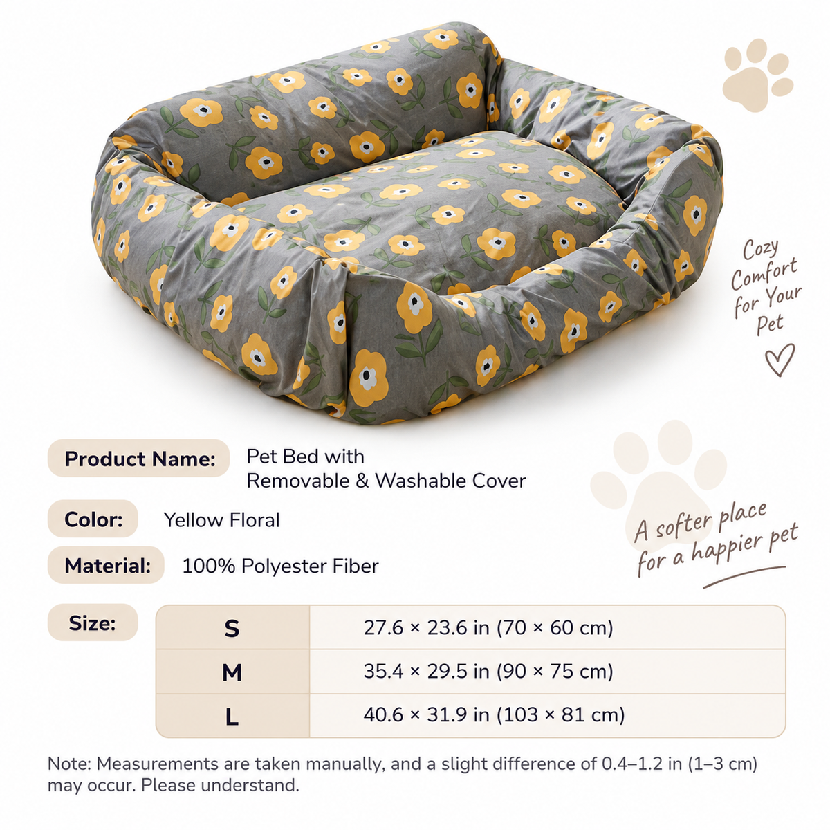 Floral replacement dog bed cover size chart showing small, medium and large cover measurements.