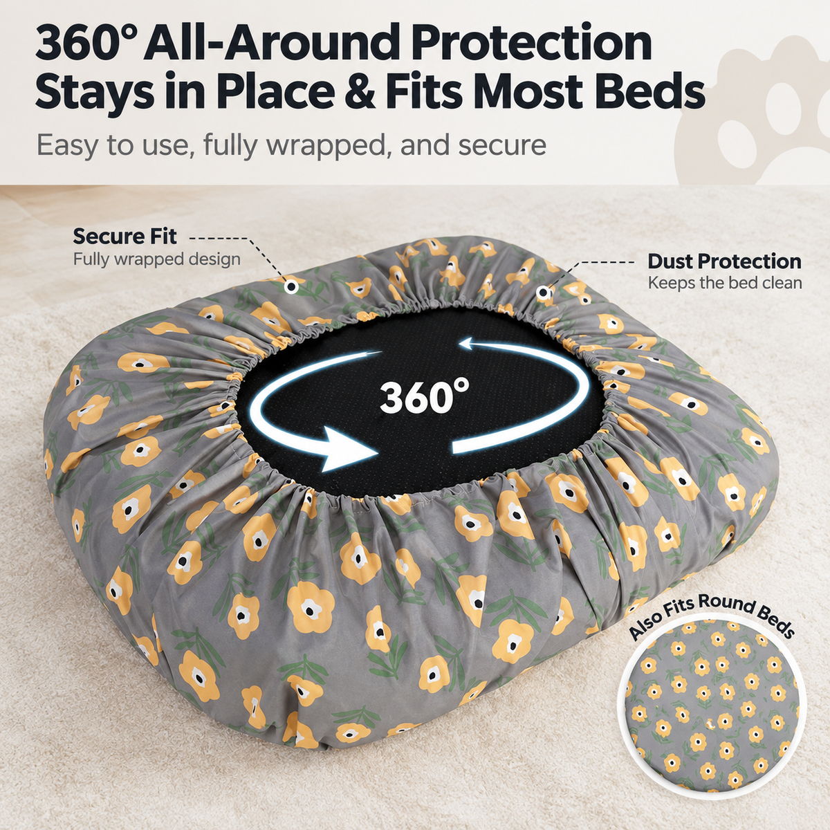 Floral replacement dog bed cover underside view showing the gathered opening around a bed.