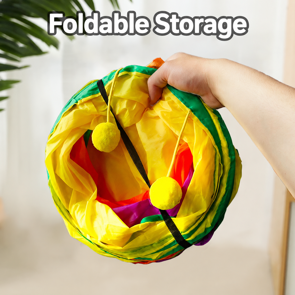 Foldable three-way cat tunnel folded for compact storage