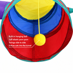 Close view of the hanging ball on the foldable three-way cat tunnel
