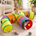 Foldable three-way cat tunnel with multiple cats exploring indoors