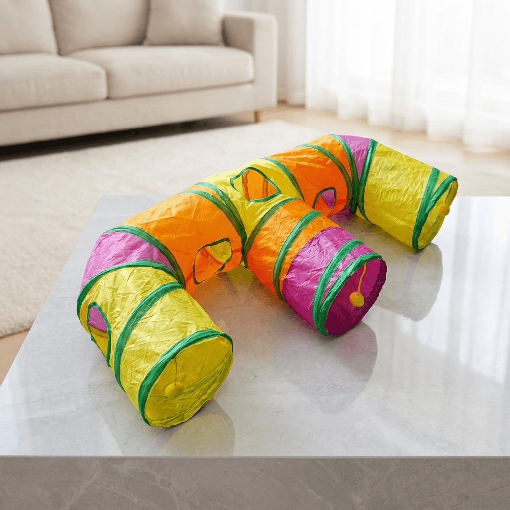 Foldable three-way cat tunnel on a clean background