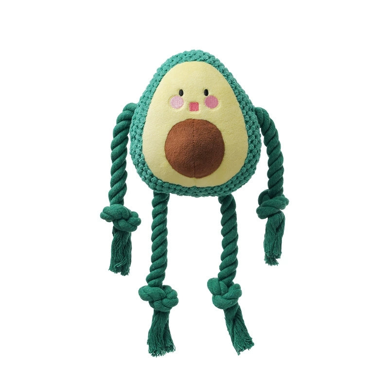 Avocado fruit-shaped squeaky dog rope toy on a clean background