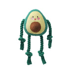 Avocado fruit-shaped squeaky dog rope toy on a clean background