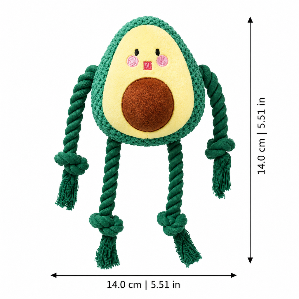 Avocado size guide for fruit-shaped squeaky dog rope toy