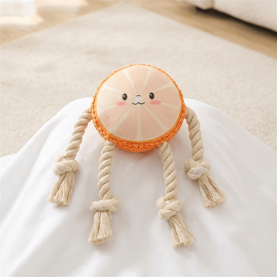 Orange fruit-shaped squeaky dog rope toy on a clean background