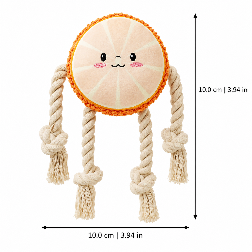 Orange size guide for fruit-shaped squeaky dog rope toy