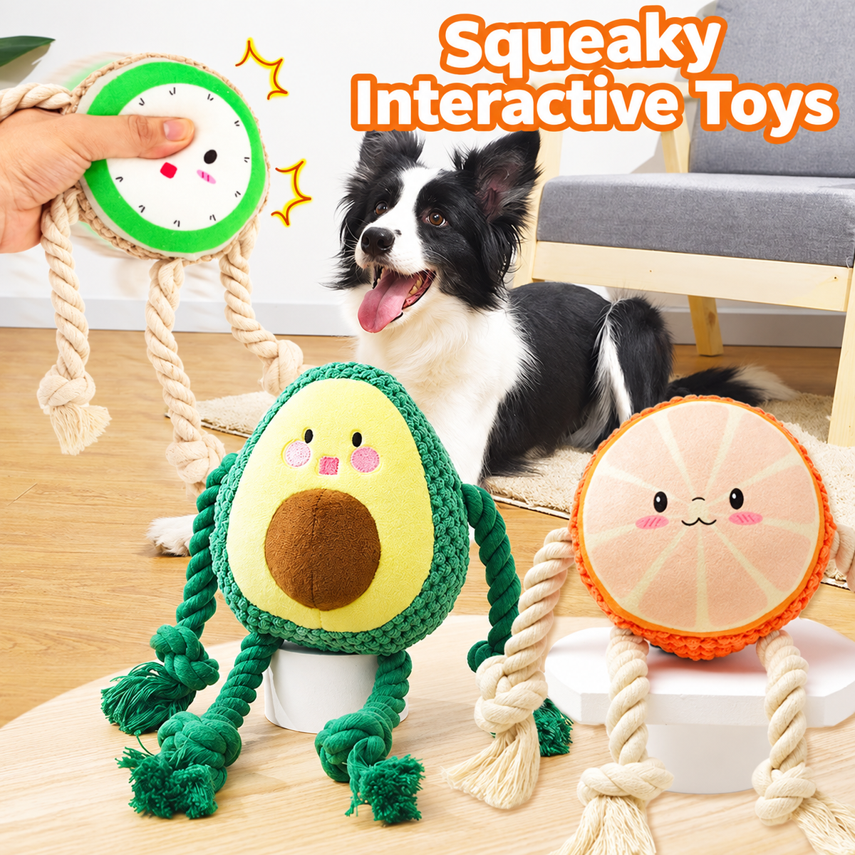 Complete fruit-shaped squeaky dog rope toy set on a clean background