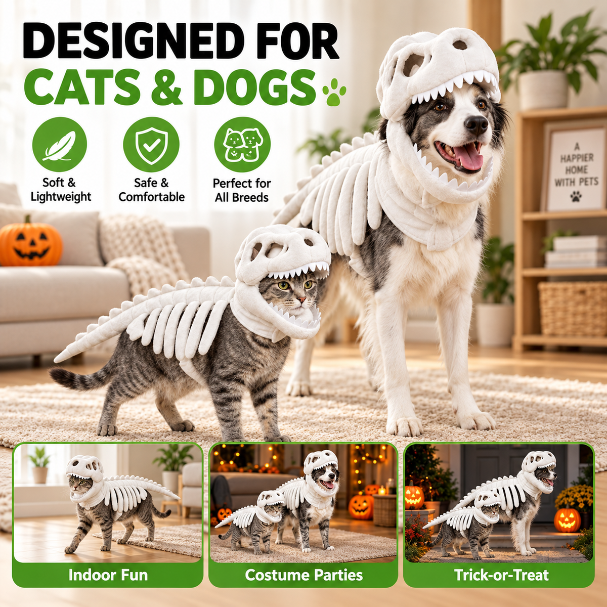 Glow-in-the-dark dinosaur pet costume shown on both cats and dogs