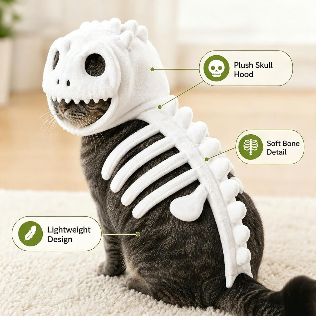 Close view of the construction on the glow-in-the-dark dinosaur pet costume