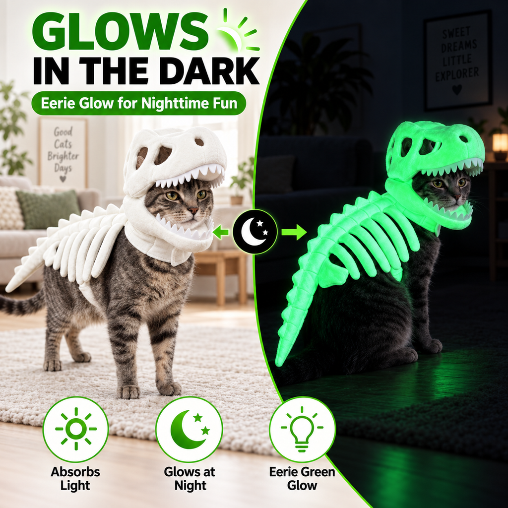Glow-in-the-dark dinosaur pet costume shown in a glow comparison graphic