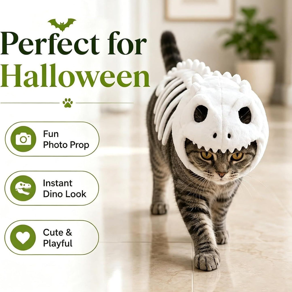 Glow-in-the-dark dinosaur pet costume worn by a cat for Halloween photos