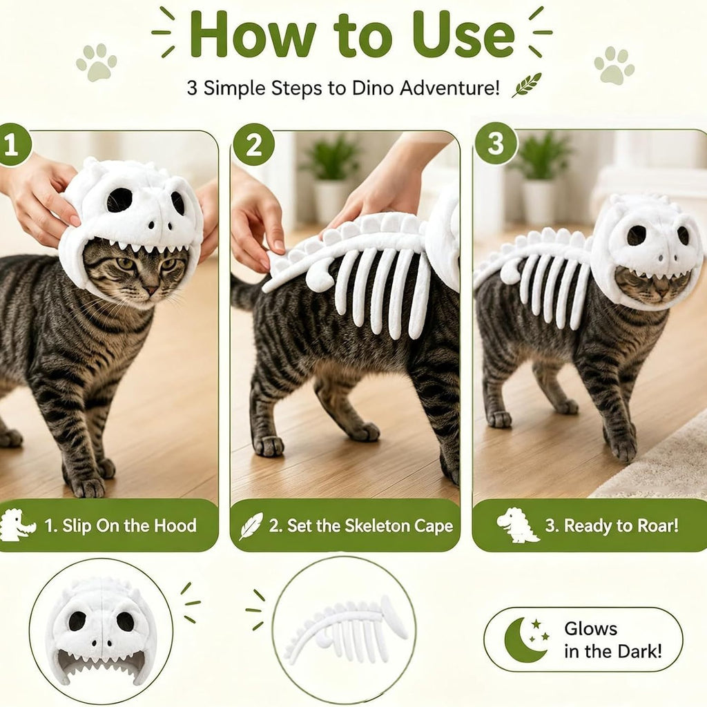 Guide showing wearing for the glow-in-the-dark dinosaur pet costume