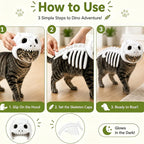 Guide showing wearing for the glow-in-the-dark dinosaur pet costume
