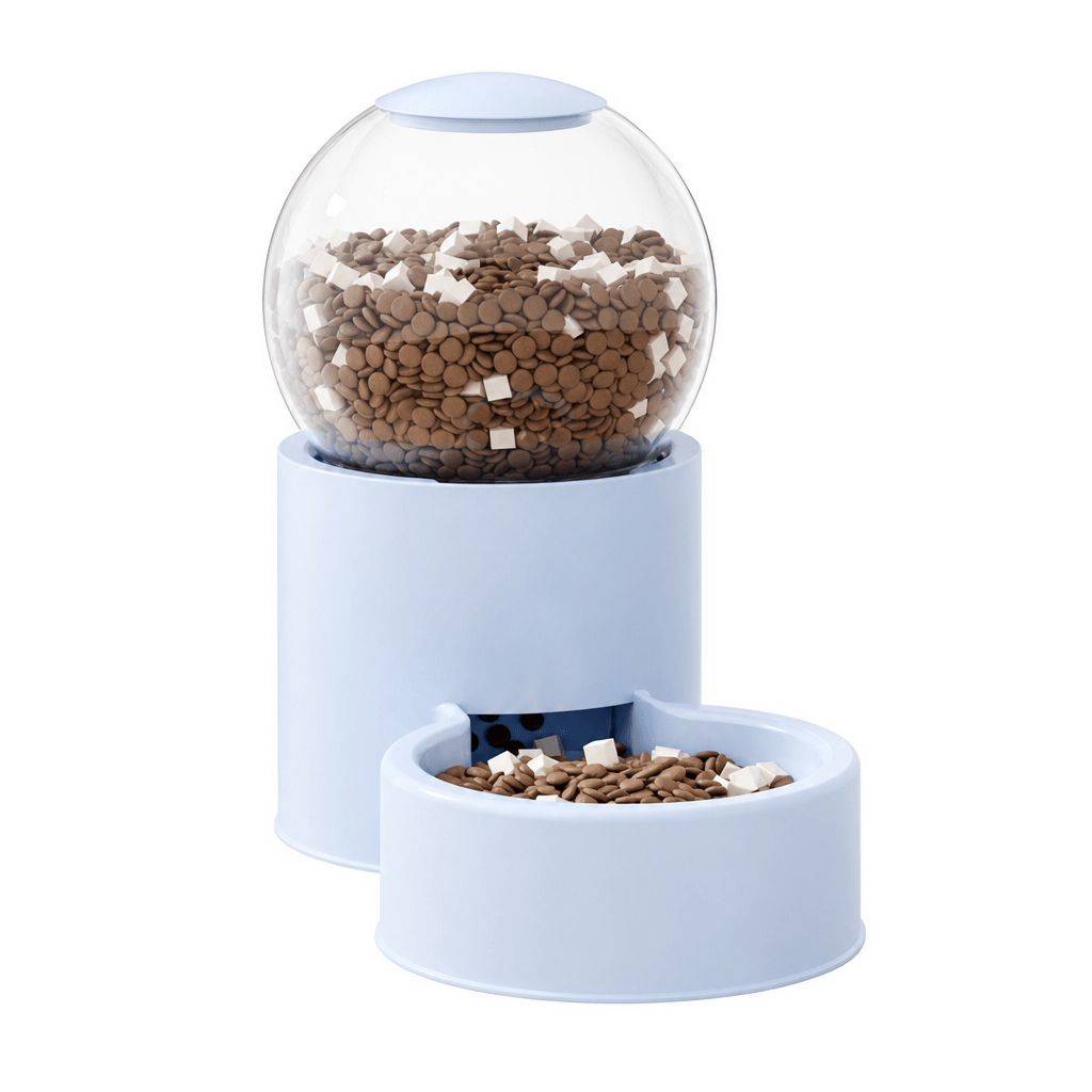 Blue feeder gravity pet feeder and water dispenser on a clean background