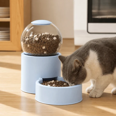 Gravity pet feeder and water dispenser used by a cat at mealtime
