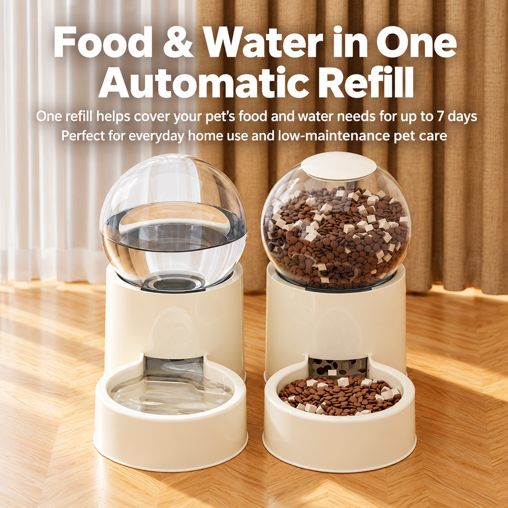 Food and water versions of the gravity pet feeder and water dispenser shown together