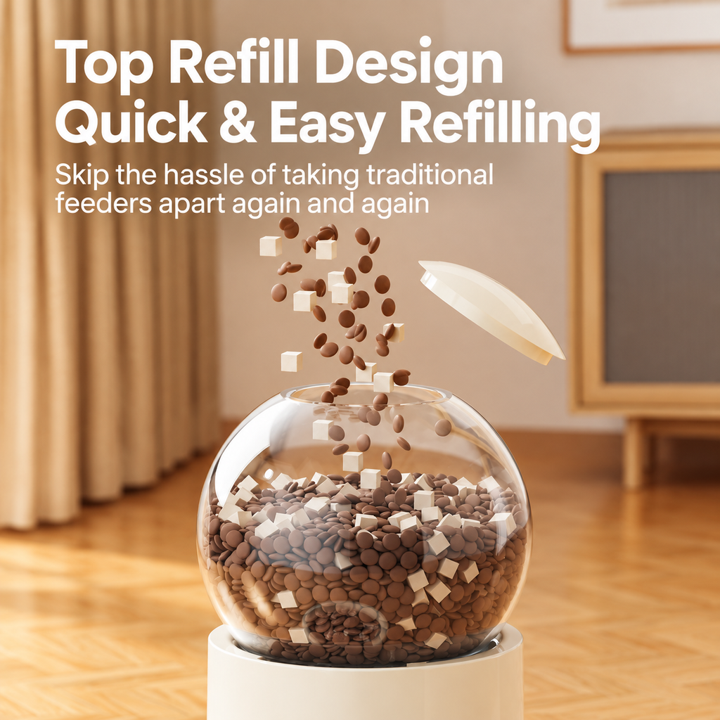 Guide showing top refill for the gravity pet feeder and water dispenser