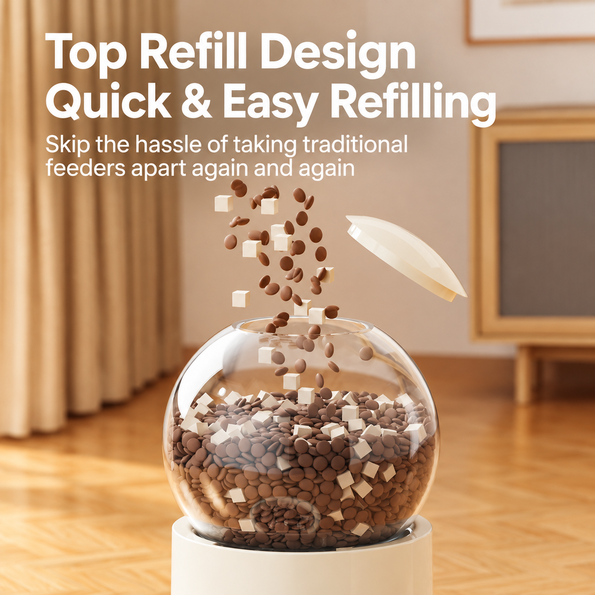 Guide showing top refill for the gravity pet feeder and water dispenser