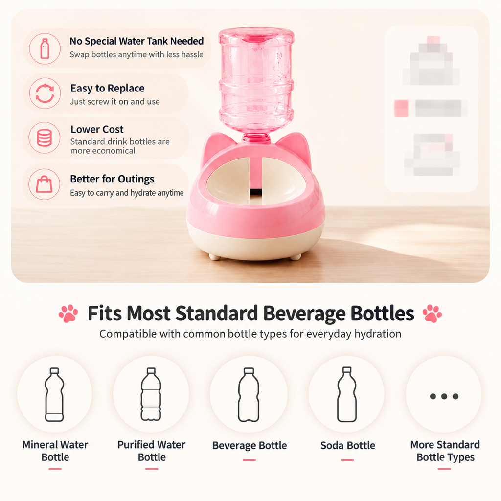 Guide showing bottle compatibility for the gravity pet water dispenser