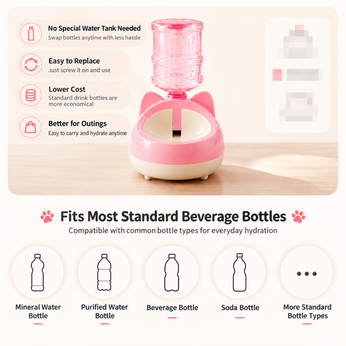 Guide showing bottle compatibility for the gravity pet water dispenser