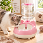 Gravity pet water dispenser used by a cat for indoor drinking
