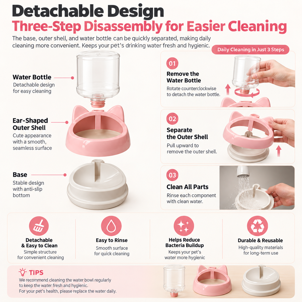 Guide showing cleaning for the gravity pet water dispenser