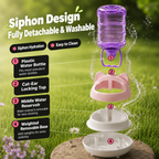 Gravity pet water dispenser with disassembled parts shown
