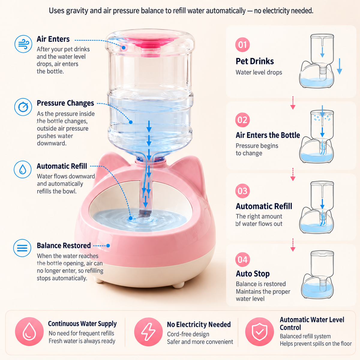 Guide showing refill process for the gravity pet water dispenser