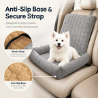 Gray corduroy dog car seat bed with closeups of the securing strap and textured underside.