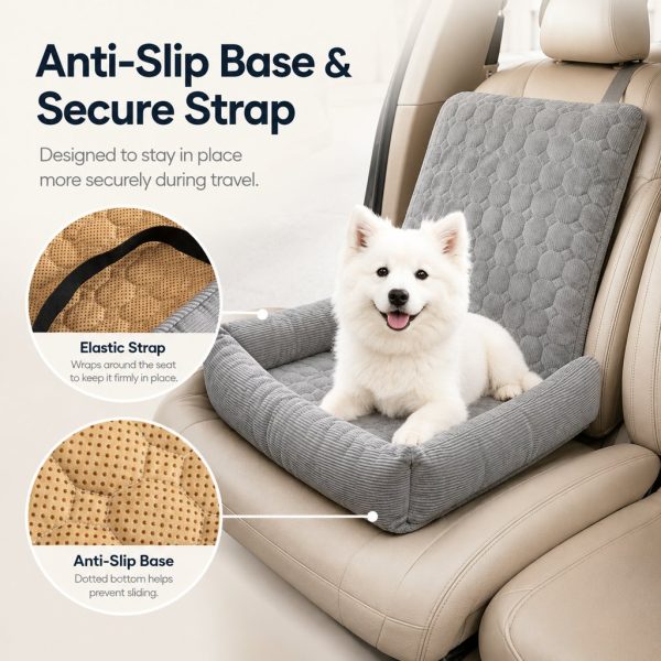 Gray corduroy dog car seat bed with closeups of the securing strap and textured underside.