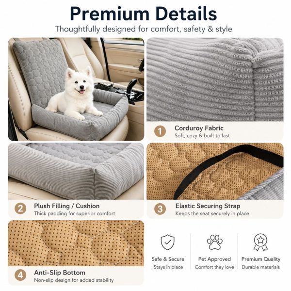 Gray corduroy dog car seat bed detail collage showing fabric, cushion, securing strap and base.