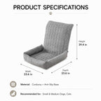 Gray corduroy dog car seat bed dimension diagram showing the width, depth and high backrest.