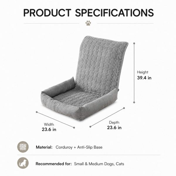 Gray corduroy dog car seat bed dimension diagram showing the width, depth and high backrest.