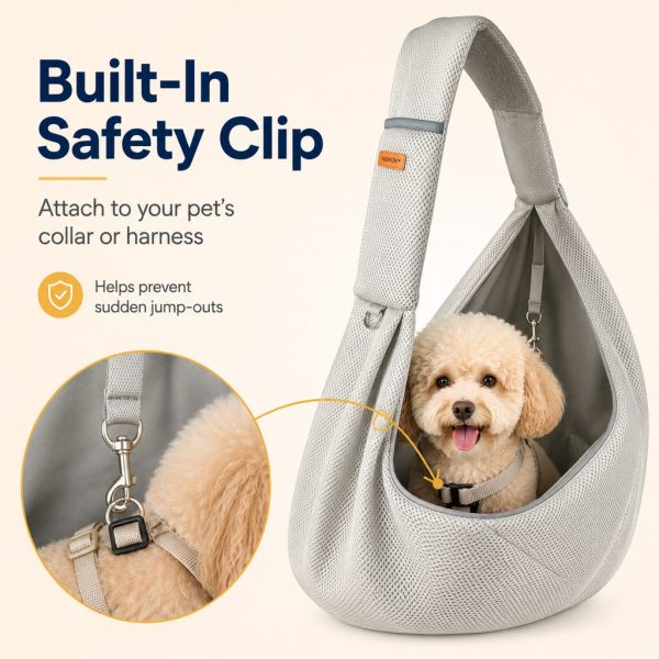 Gray crossbody pet sling carrier closeup of the interior tether attachment beside a dog.