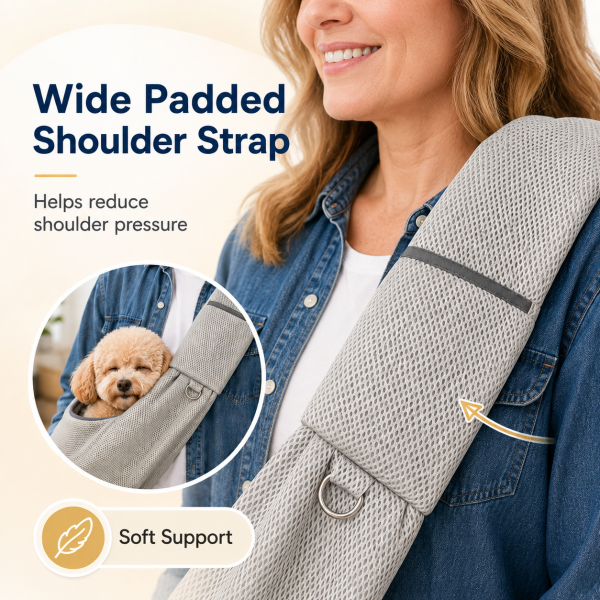 Gray crossbody pet sling carrier closeup of the wide padded shoulder strap during carrying.