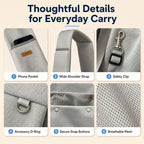 Gray crossbody pet sling carrier detail collage showing pocket, strap, clip, snaps and mesh.