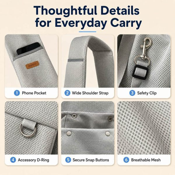Gray crossbody pet sling carrier detail collage showing pocket, strap, clip, snaps and mesh.