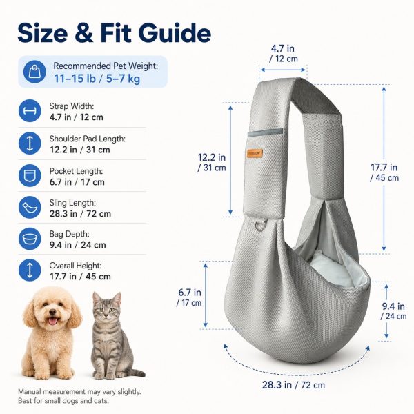 Gray crossbody pet sling carrier dimension and fit guide showing pouch depth and strap measurements.