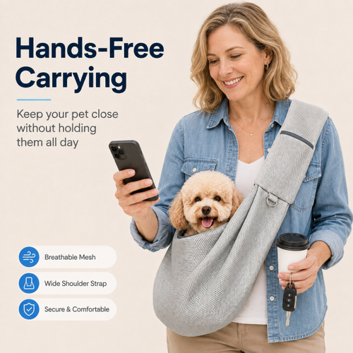 Gray crossbody pet sling carrier worn while holding a phone with a small dog in the pouch.