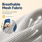 Gray crossbody pet sling carrier mesh fabric closeup with arrows illustrating airflow.